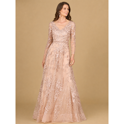 LARA New York LARA New York Long Sleeve V-Neck Lace Gown with Beaded Belt