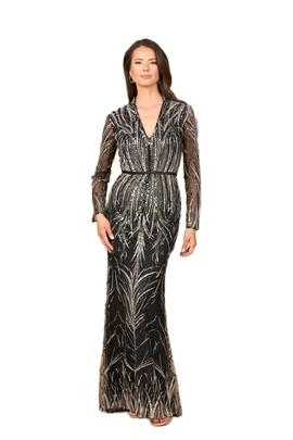 LARA New York LARA New York Mandarin V-Neck Gown with Long Sleeves