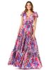 LARA New York LARA New York V-Neck Long Print Gown with Cap Sleeves  - 1