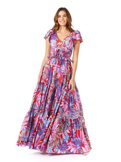 LARA New York LARA New York V-Neck Long Print Gown with Cap Sleeves 
