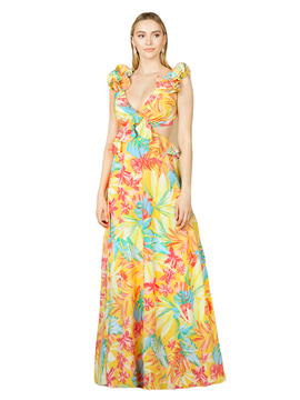 LARA New York LARA New York V-Neck Long Print Gown with Ruffled Straps