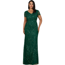 LARA New York LARA New York V-Neck, Short Sleeve Beaded Gown