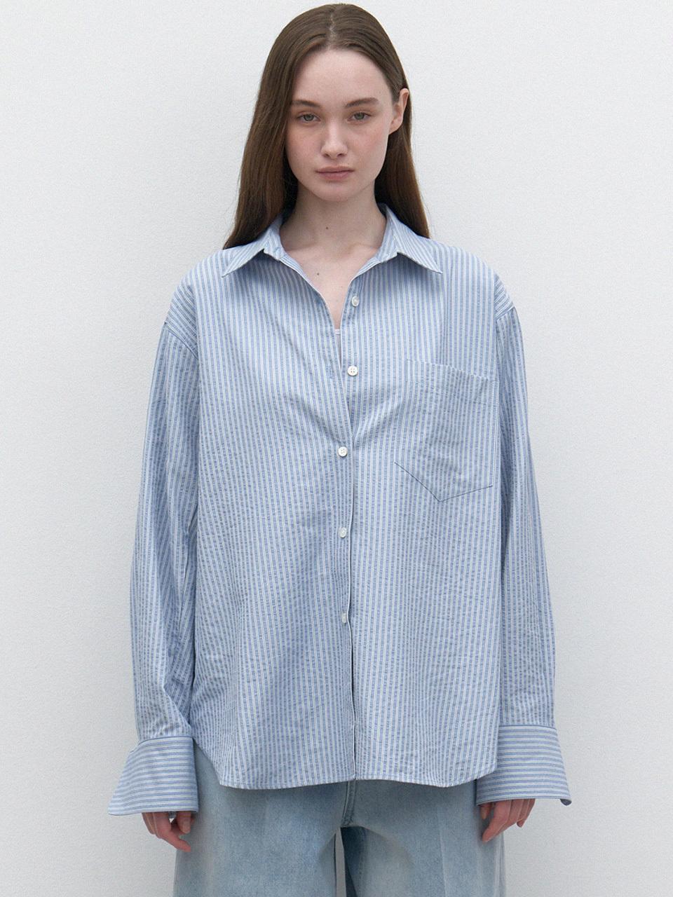 LARGO Crinkle Stripe Loose Fit Shirt [Blue]