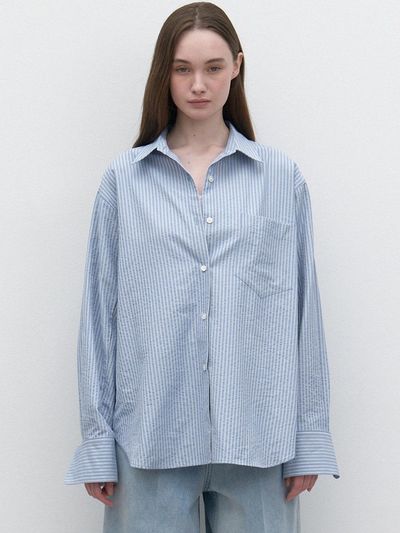 LARGO Crinkle Stripe Loose Fit Shirt [Blue]
