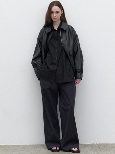LARGO Faux Leather Oversized Blouson Jacket [Black]