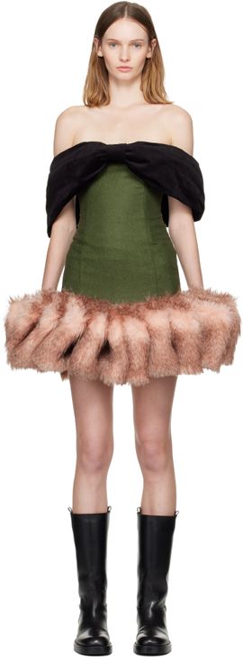 LAURA ANDRASCHKO LAURA ANDRASCHKO Green & Pink Bow Loden Minidress