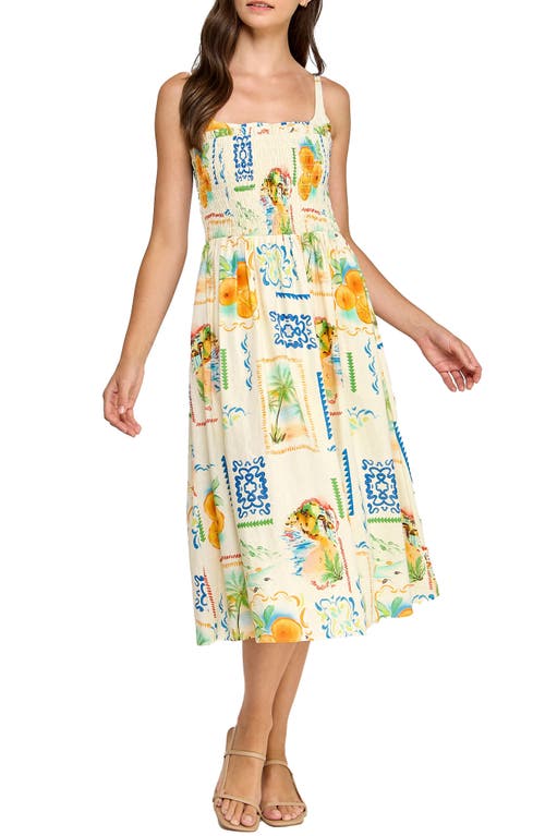 LAYERED WITH LOVE LAYERED WITH LOVE Cecelia Postcard Print Linen Blend Midi Sundress 