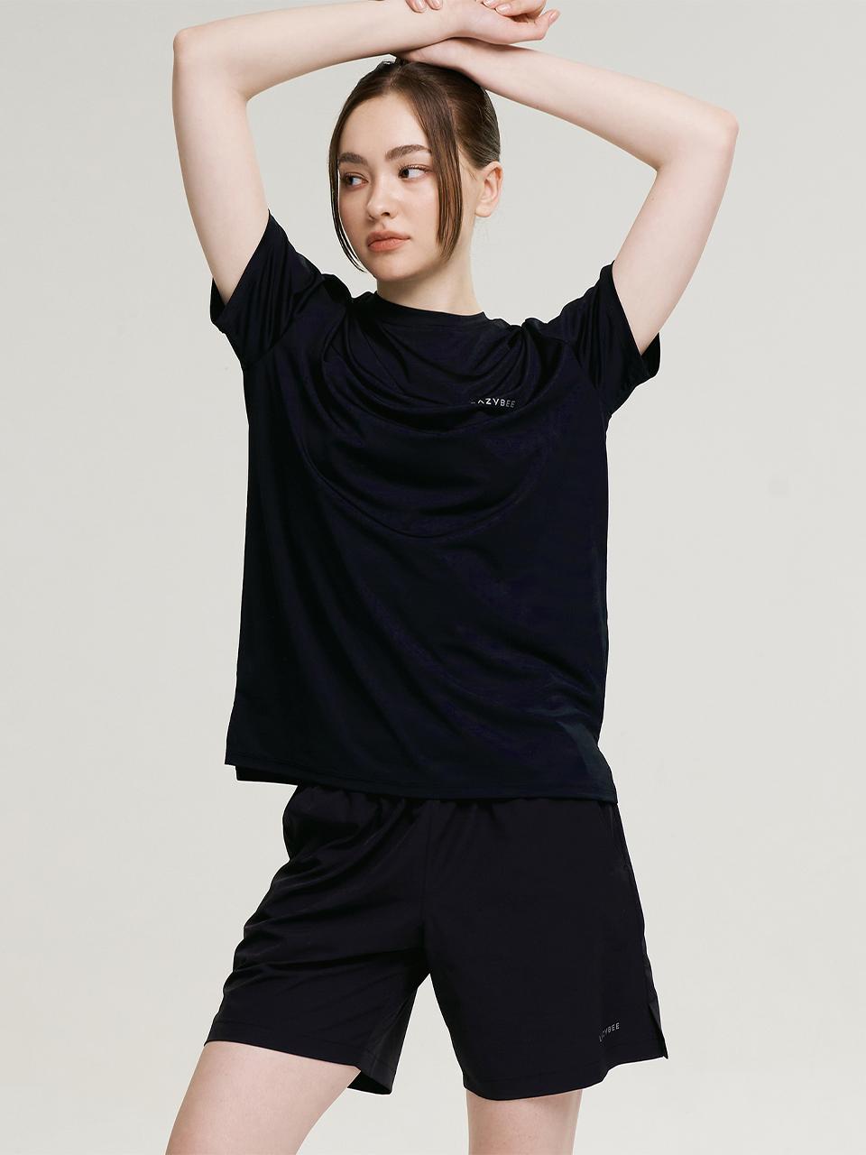 LAZYBEE [SET] Aero Touch W Short Sleeve Shorts Tops [Black]