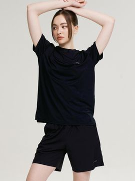 LAZYBEE [SET] Aero Touch W Short Sleeve Shorts Tops [Black]