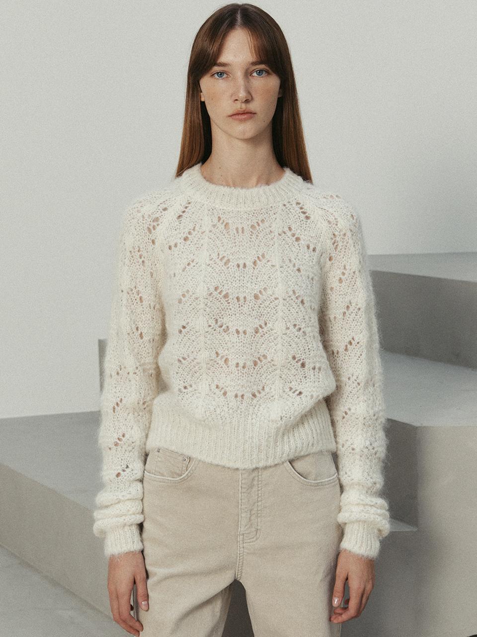 LE alpaca hair blend pointelle raglan pullover (ivory