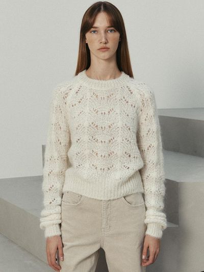 LE alpaca hair blend pointelle raglan pullover (ivory