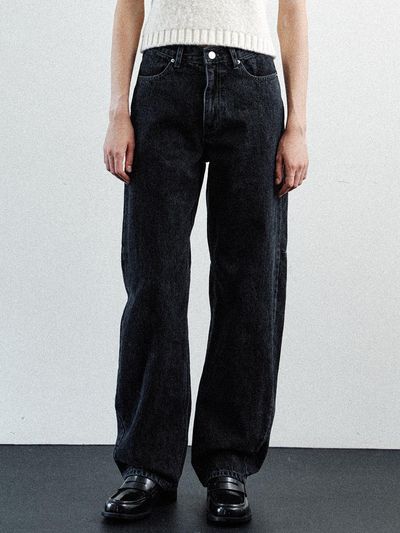 LE black denim curved pants (black)