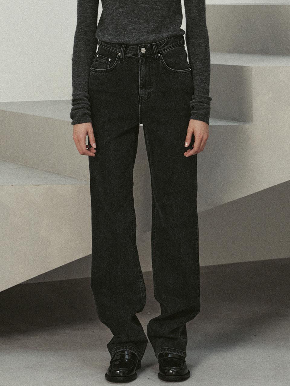 LE black denim straight pants (black)
