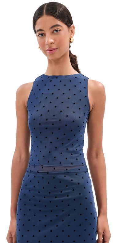 LE BOP LE BOP Carrie Tank Top Navy Flocked Polka Dot