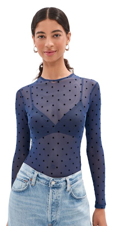 LE BOP LE BOP Hannah Polka-Dot Thong Bodysuit Navy Flocked Polka Dot