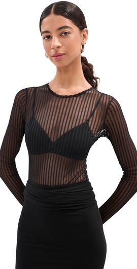 LE BOP LE BOP Hannah Striped Thong Bodysuit Black Striped Mesh