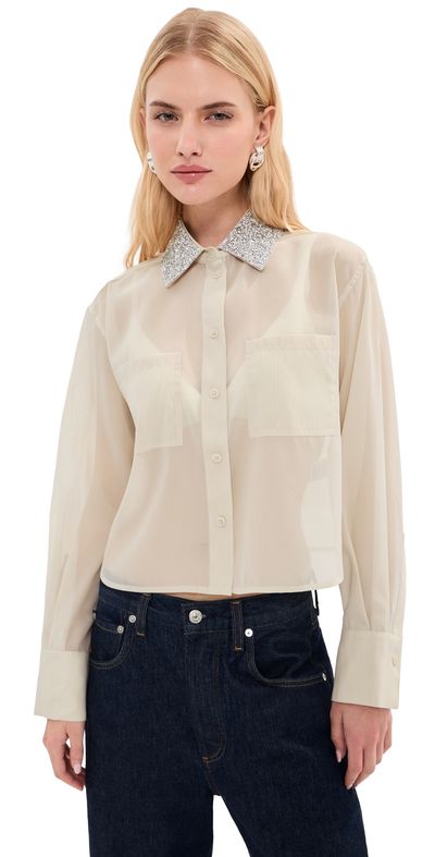 LE BOP LE BOP Organza Cropped Buttondown with Embellished Collar Ivory