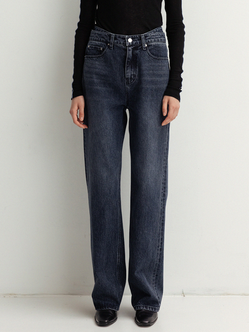 LE Double Waist-Band Denim Pants - Navy