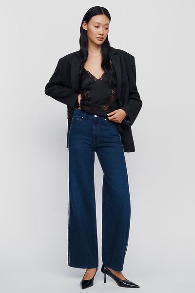 LE JEAN Column Beaded High Rise Wide Leg Jeans
