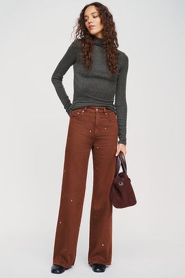 LE JEAN Column Studded High Rise Wide Leg Jeans