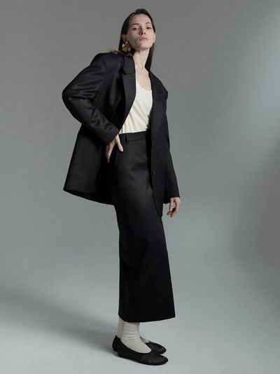 LE MERITO 100% Summer Wool Straight Long Skirt [Black]