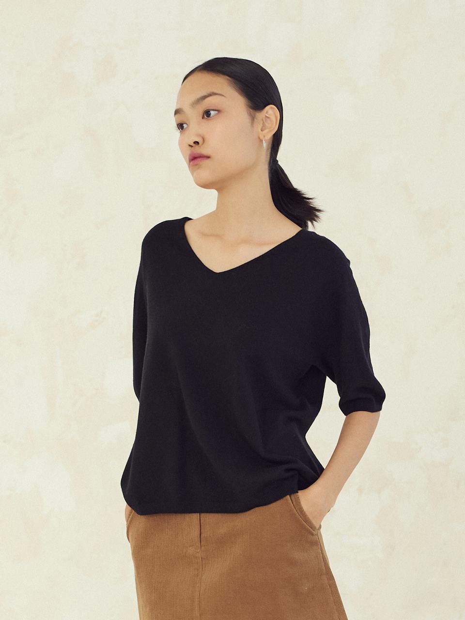 Le Metier Duvall Cashmere Blended V-Neck (Caviar Black)