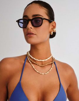 Le Specs Le Specs Heart Throb round sunglasses in black with blue tinted lens