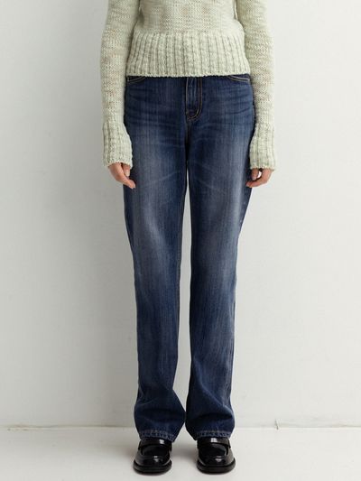 LE Straight-Fit Washing Denim Pants - Mid Blue