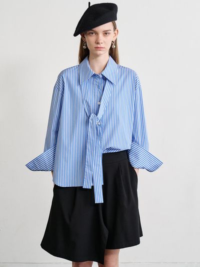 LE YIEL Oversized Stripe Tie Shirt Blouse [Blue]