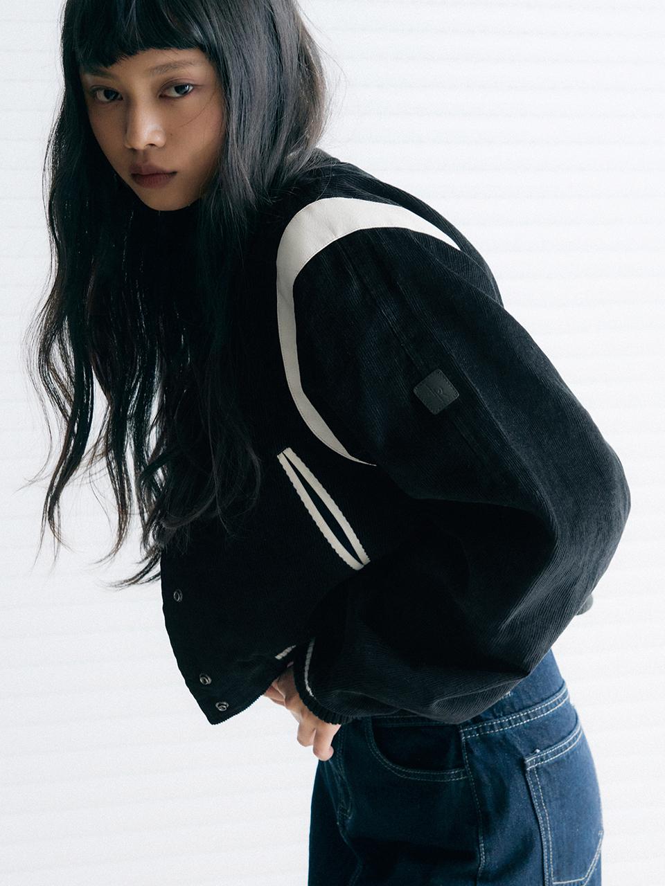 leathery Corduroy Varsity Teddy Jacket [BLACK]