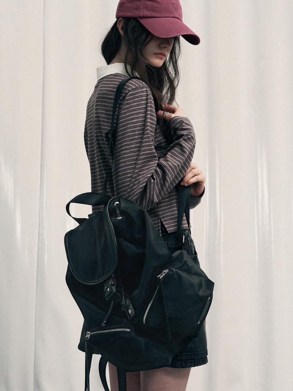 leathery Glossy Nylon Slouchy Bucket Backpack [BLACK]