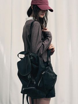 leathery Glossy Nylon Slouchy Bucket Backpack [BLACK]