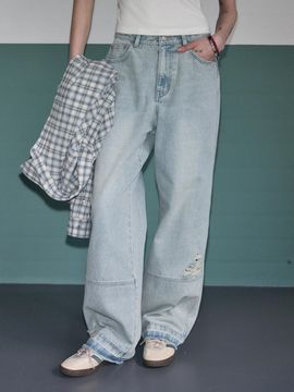 leathery Unfolded Distressed Washed Denim Wide Pants [2 COLORS]