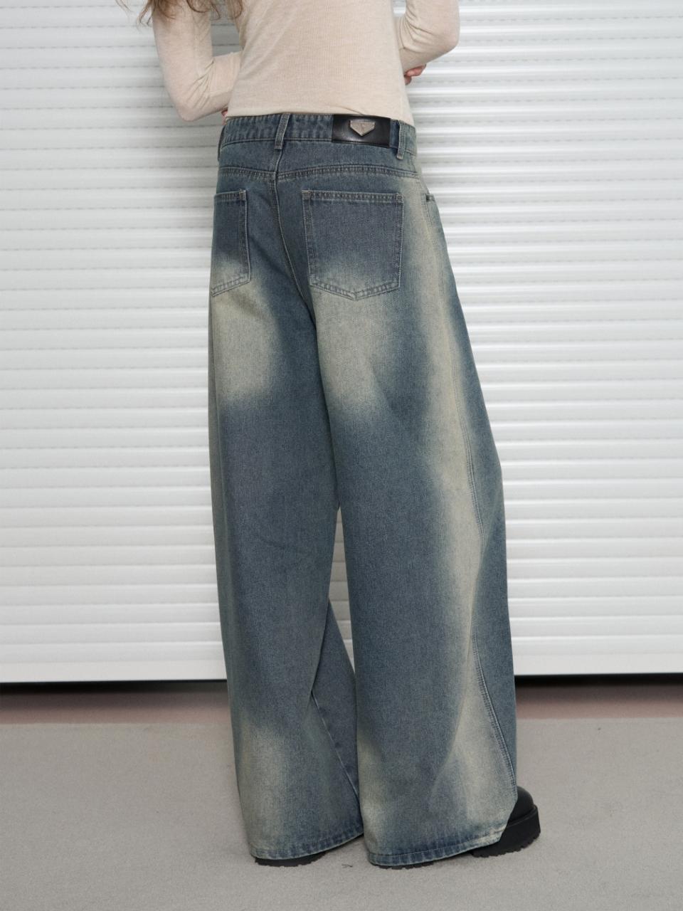 leathery Washed wide denim pants [2COLOR]