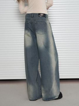 leathery Washed wide denim pants [2COLOR]