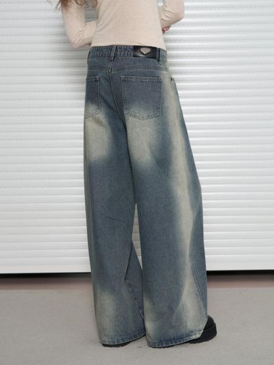 leathery Washed wide denim pants [2COLOR]