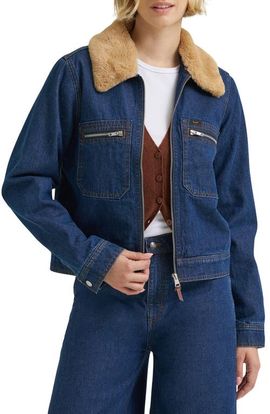 Lee Lee Faux Fur Collar Zip Front Denim Jacket