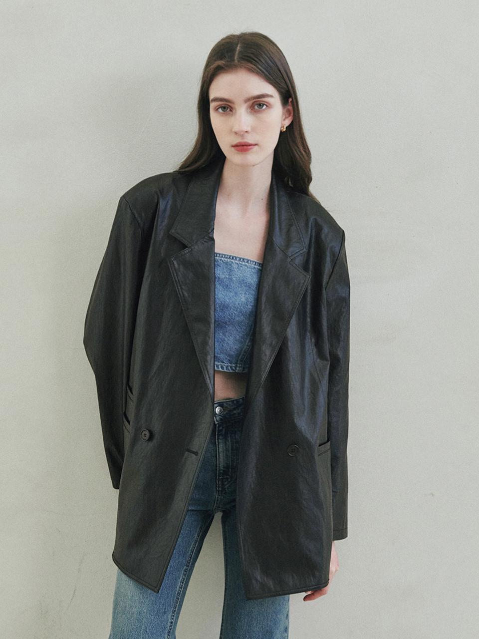 LeftSeoul Eco Leather Oversized Jacket - Black