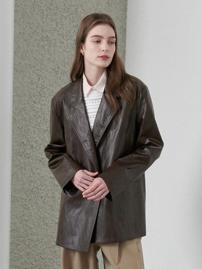 LeftSeoul Eco Leather Oversized Jacket - Brown