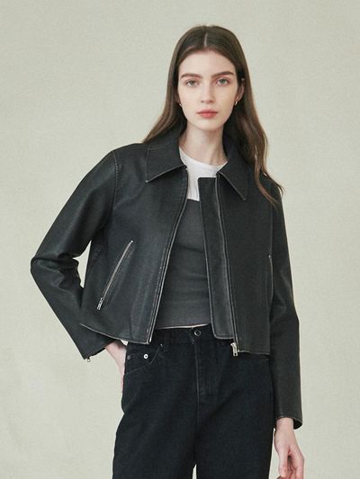LeftSeoul Eco Leather Washed Crop Jacket - Black