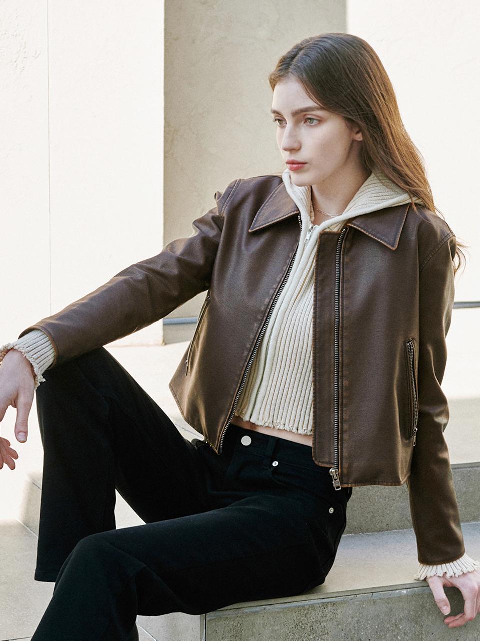 LeftSeoul Eco Leather Washed Crop Jacket - Brown