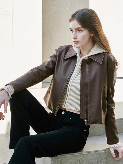LeftSeoul Eco Leather Washed Crop Jacket - Brown