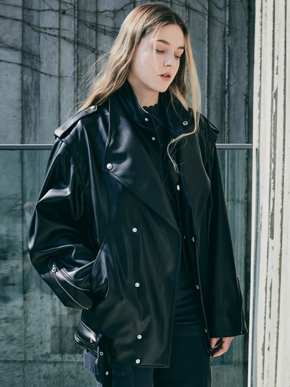 LeftSeoul Leather Like Double Collar Vest Jacket_Black