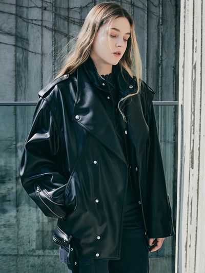 LeftSeoul Leather Like Double Collar Vest Jacket_Black