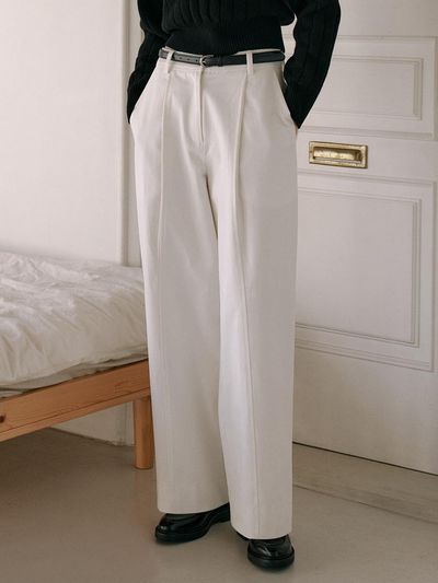 LeftSeoul Modern Pin-tuck Cotton Wide Pants [Ivory]