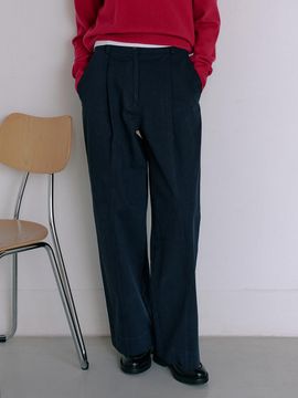 LeftSeoul Modern Pin-tuck Wide Cotton Pants [Navy]