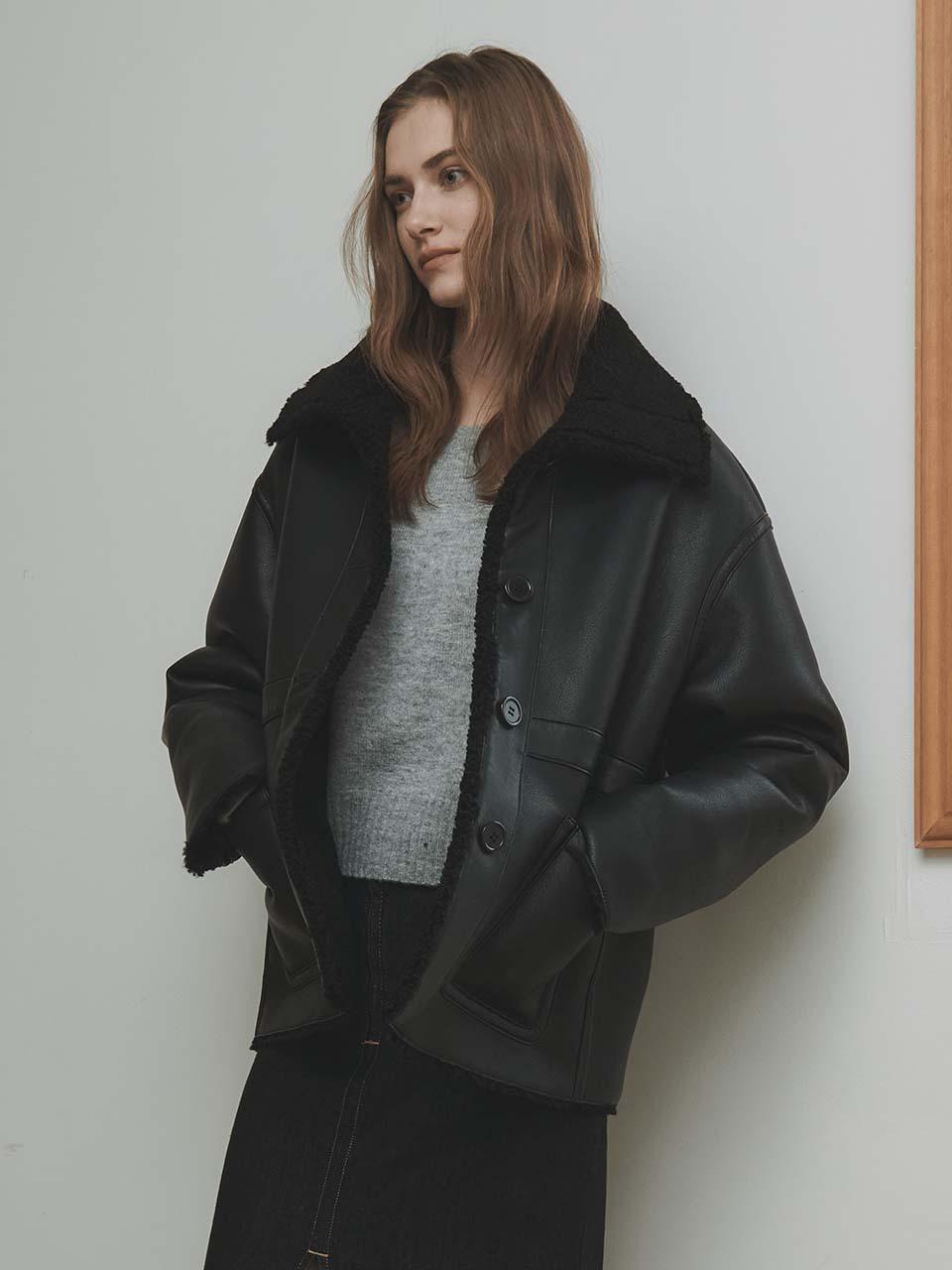 LeftSeoul Oversized Wide Collar Half Fur Coat [Black]