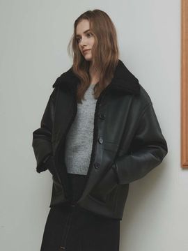 LeftSeoul Oversized Wide Collar Half Fur Coat [Black]