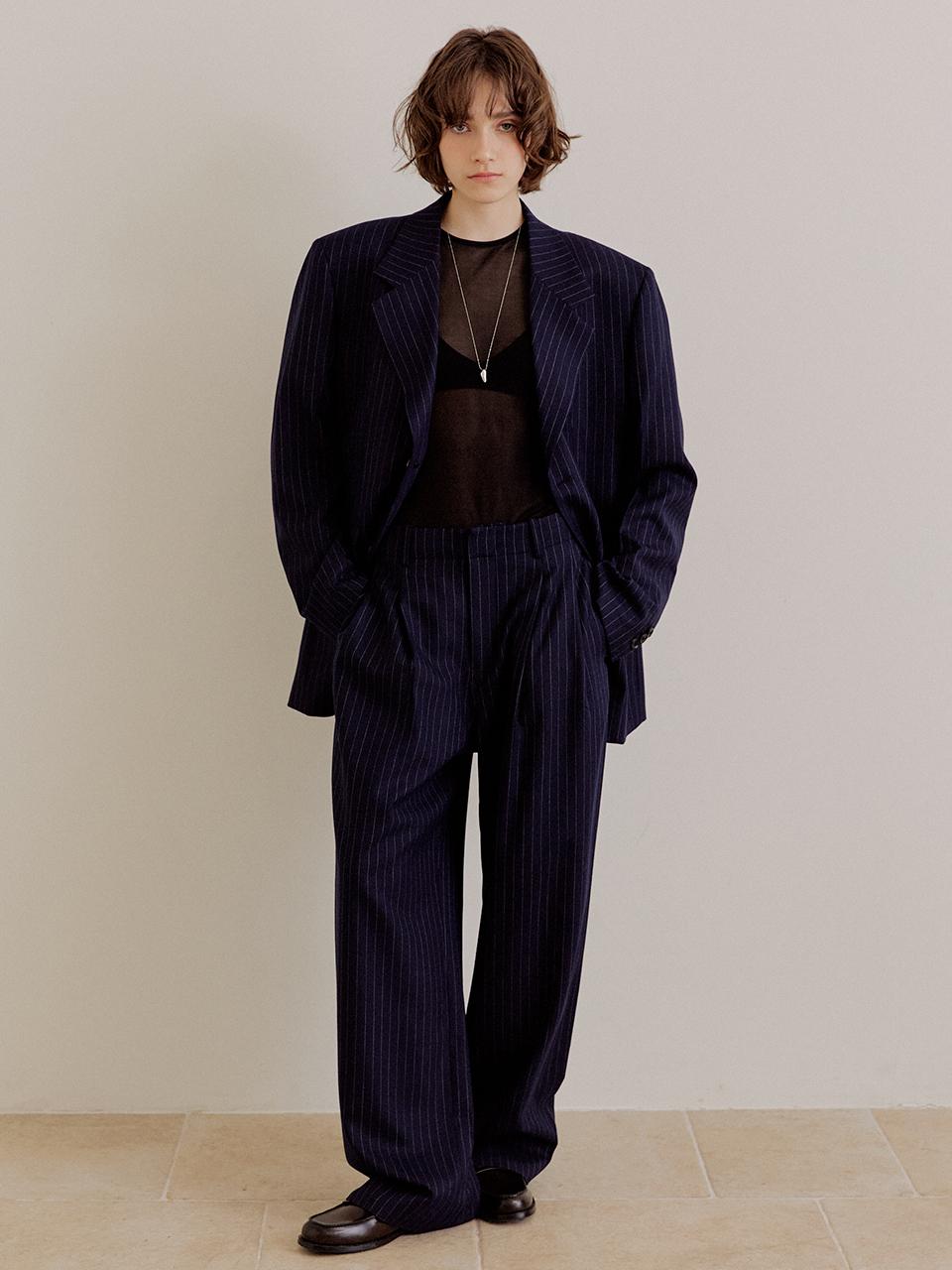 LeftSeoul Pinstripe Overfit Summer Wool Pants [Navy]