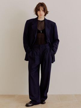 LeftSeoul Pinstripe Overfit Summer Wool Pants [Navy]